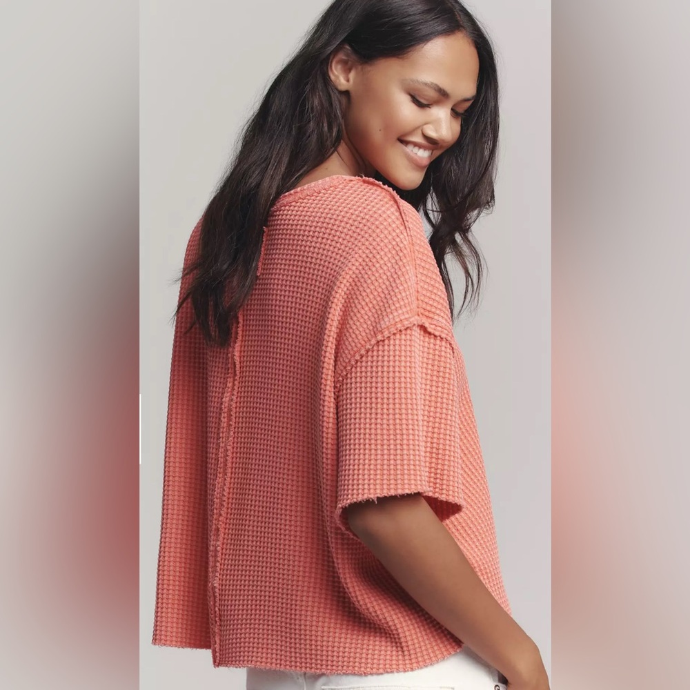 Pilcro Short Sleeve Waffle Tee- Neon Red - Picture 3 of 7